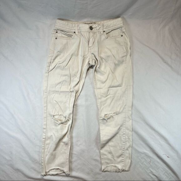 Free People Mid Rise Distressed Raw Hem Denim Hong Kong White Jeans 25 - Picture 1 of 6